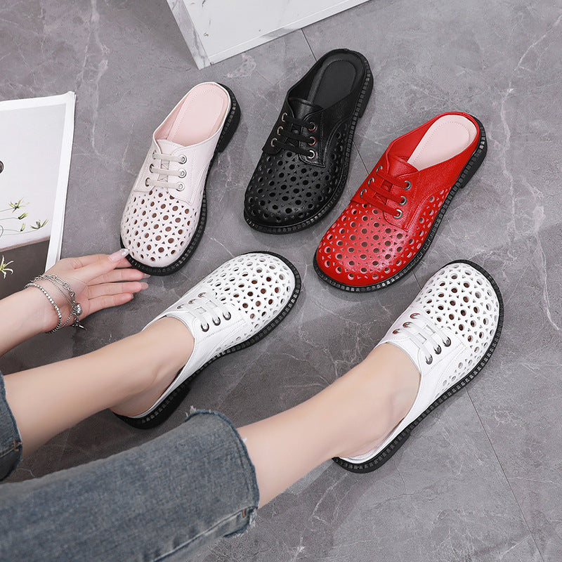 Cave shoes real leather flat heel thick sole hollowed out sandals women's slippers round toe - Korvel