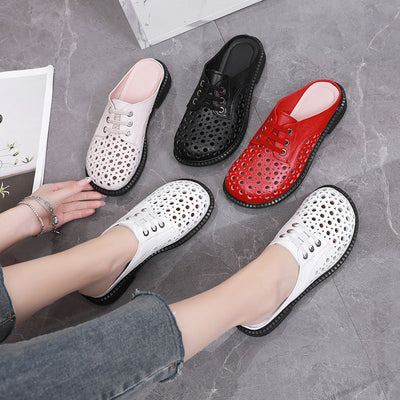 Cave shoes real leather flat heel thick sole hollowed out sandals women's slippers round toe - Korvel