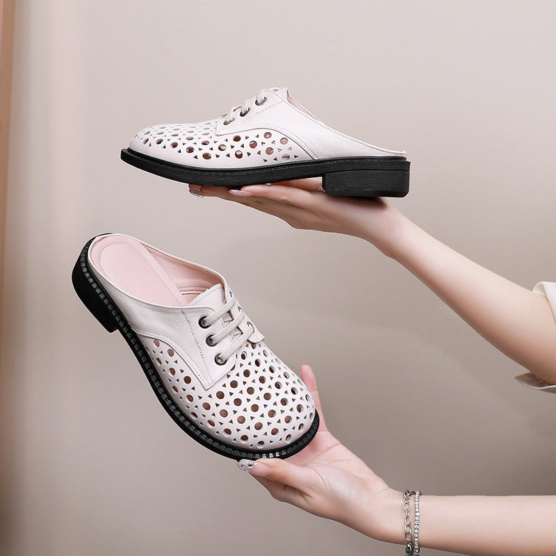 Cave shoes real leather flat heel thick sole hollowed out sandals women's slippers round toe - Korvel