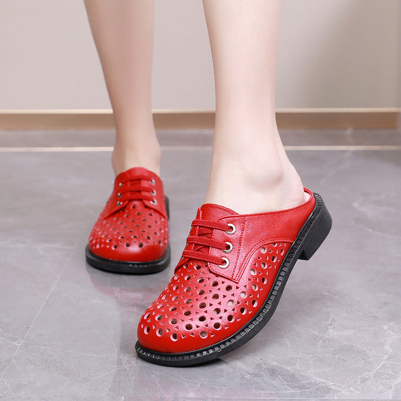 Cave shoes real leather flat heel thick sole hollowed out sandals women's slippers round toe - Korvel