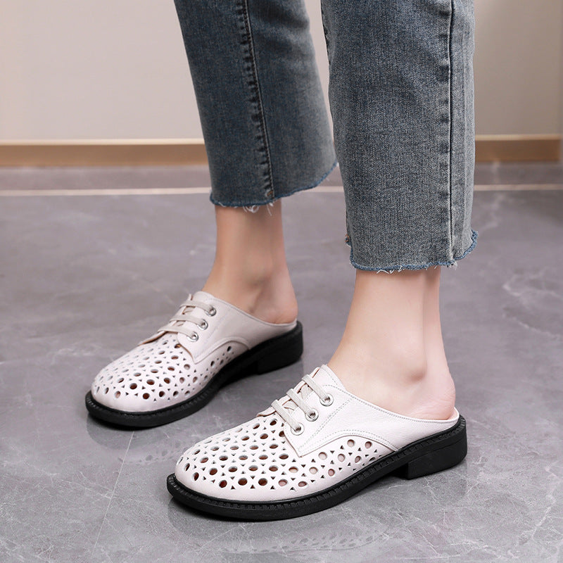 Cave shoes real leather flat heel thick sole hollowed out sandals women's slippers round toe - Korvel