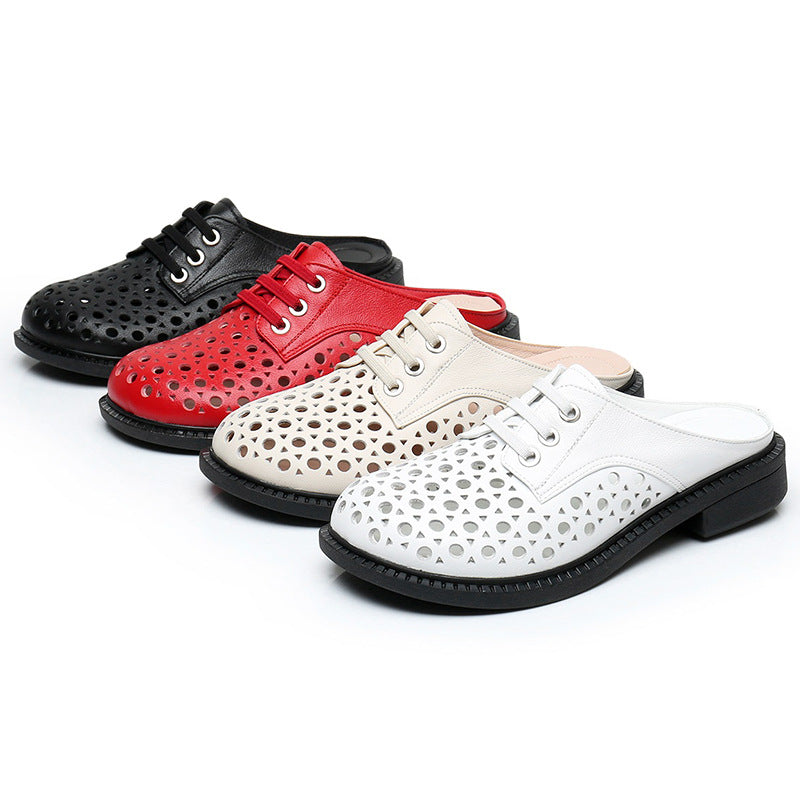 Cave shoes real leather flat heel thick sole hollowed out sandals women's slippers round toe - Korvel