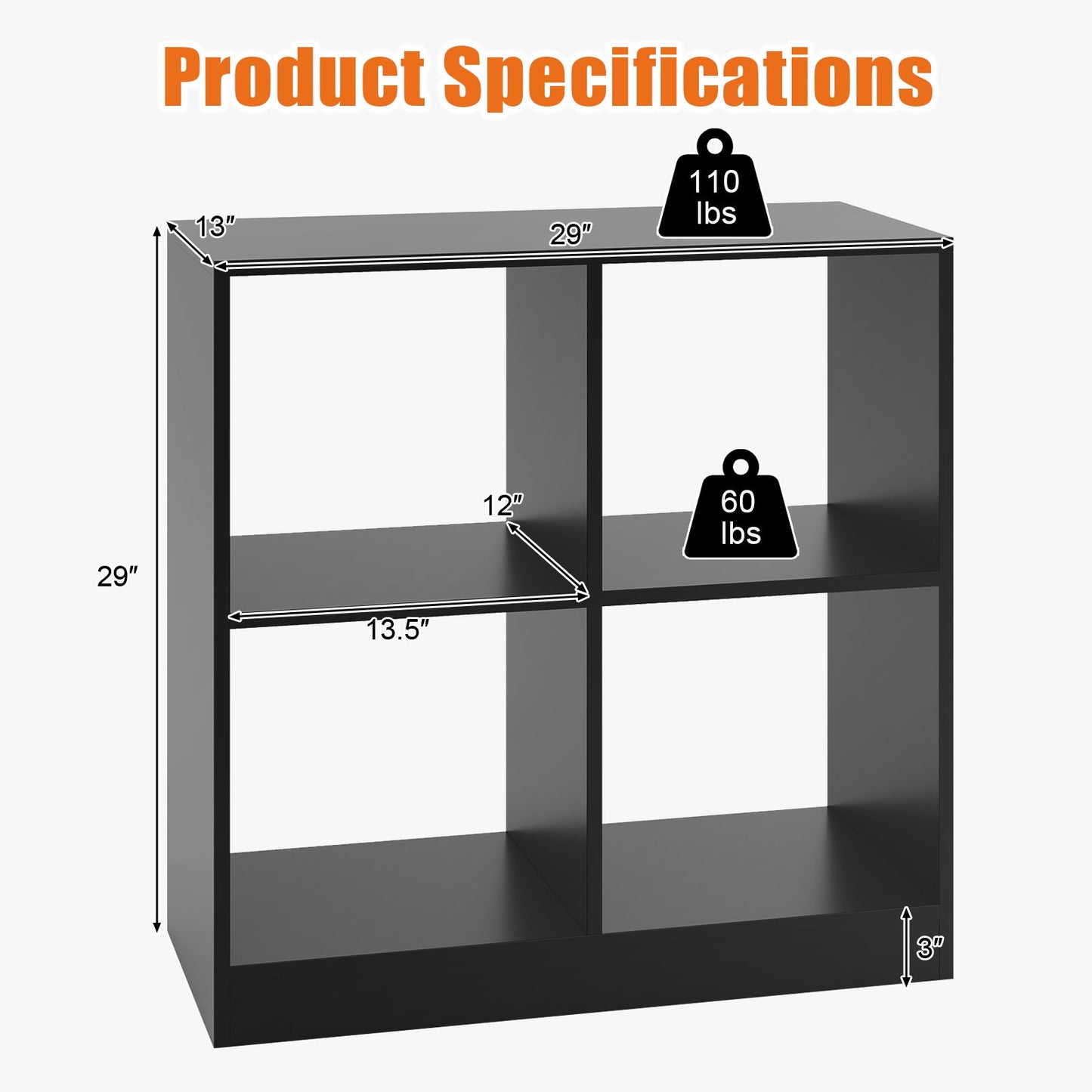 4-Cube Kids Bookcase with Open Shelves - Black