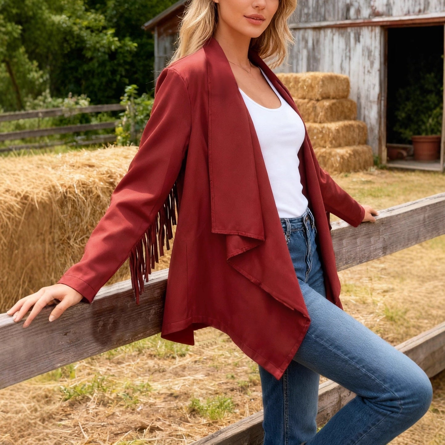 Chaqueta de Cardigan de V-Cuello con Flecos de Manga Larga Elegante para Mujeres