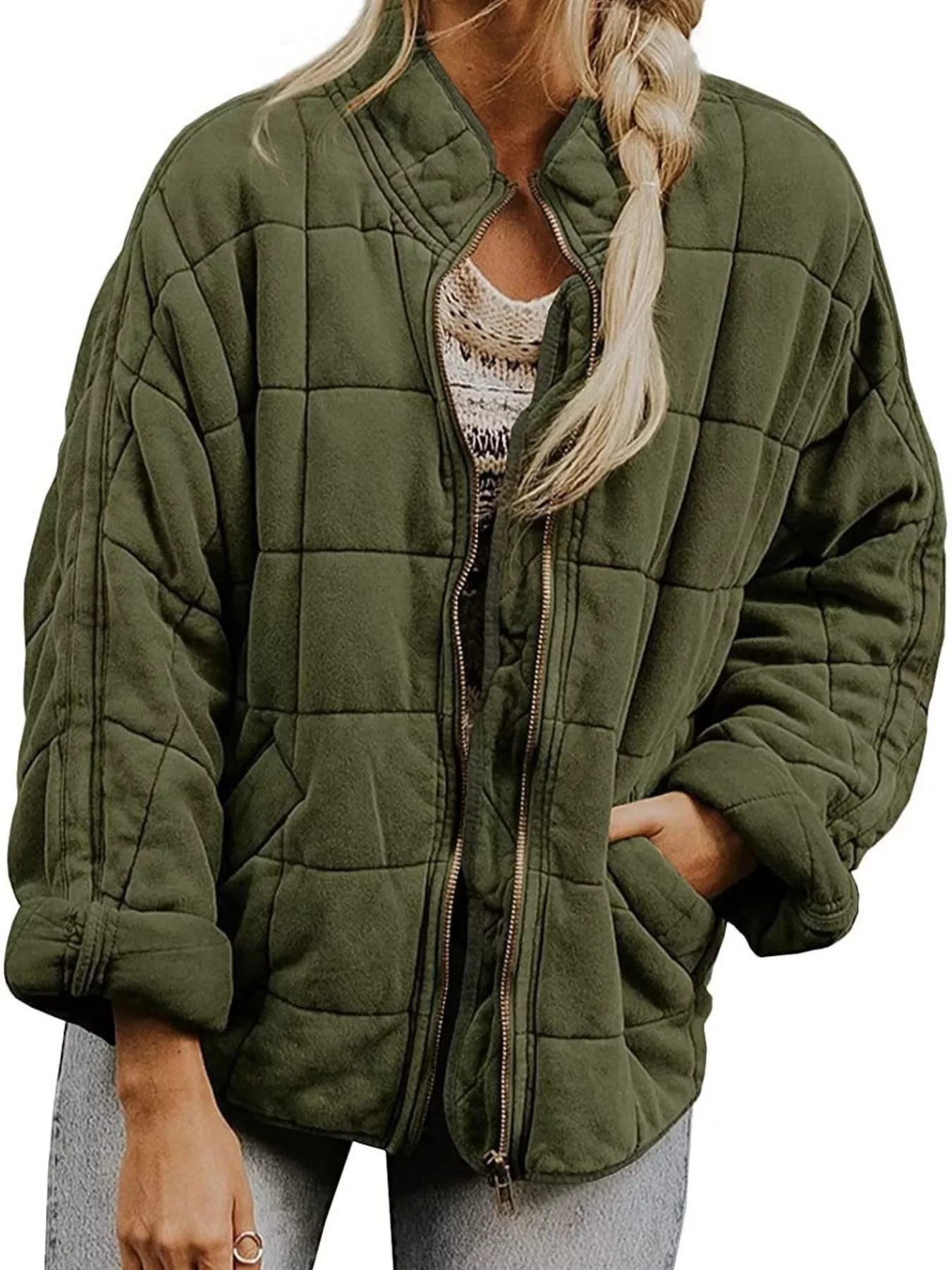 Plus Size Full Zip Quilted Bomber Jacket