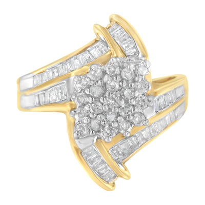 10K Yellow Gold Round and Baguette-Cut Diamond Bypass Cluster Ring - Size 8