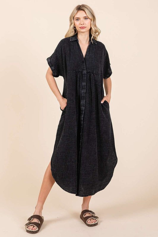 Robe Midi Boutonnée à Col V en Lavage Minéral