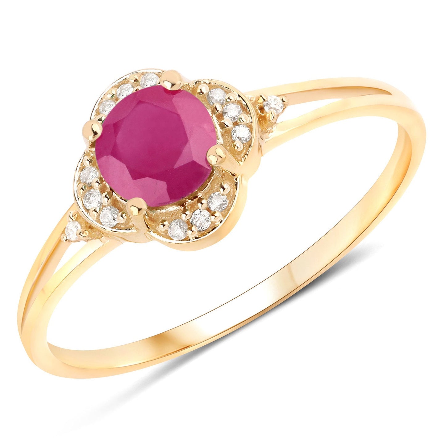 Anillo de Compromiso de Rubí y Diamante de 0.59 Quilates en Oro Amarillo de 14K