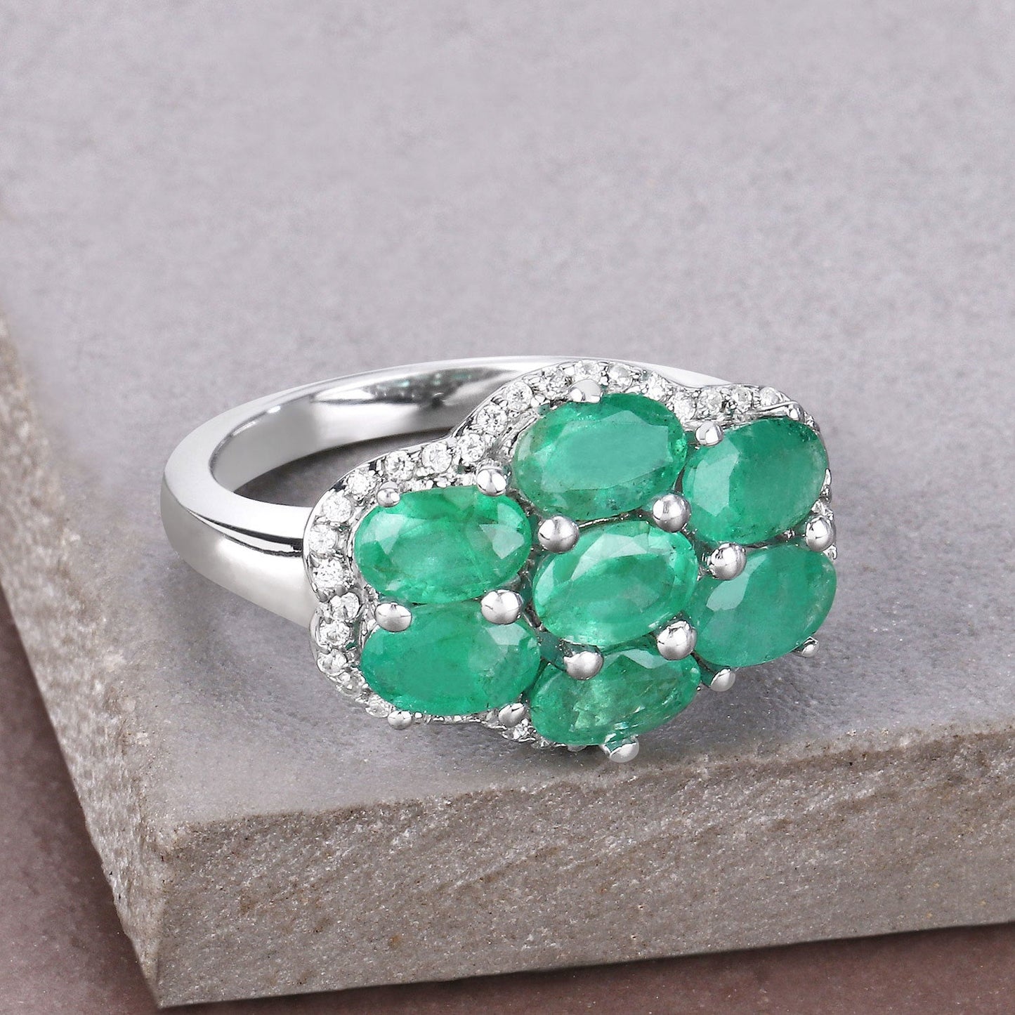 3.33 Carat Zambian Emerald & White Zircon Sterling Silver Ring