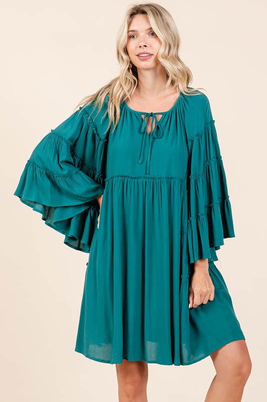 Chic Frill Tie Neck Bell Sleeve Dress for Women – A Perfect Blend of Elegance and Whimsy - Korvel