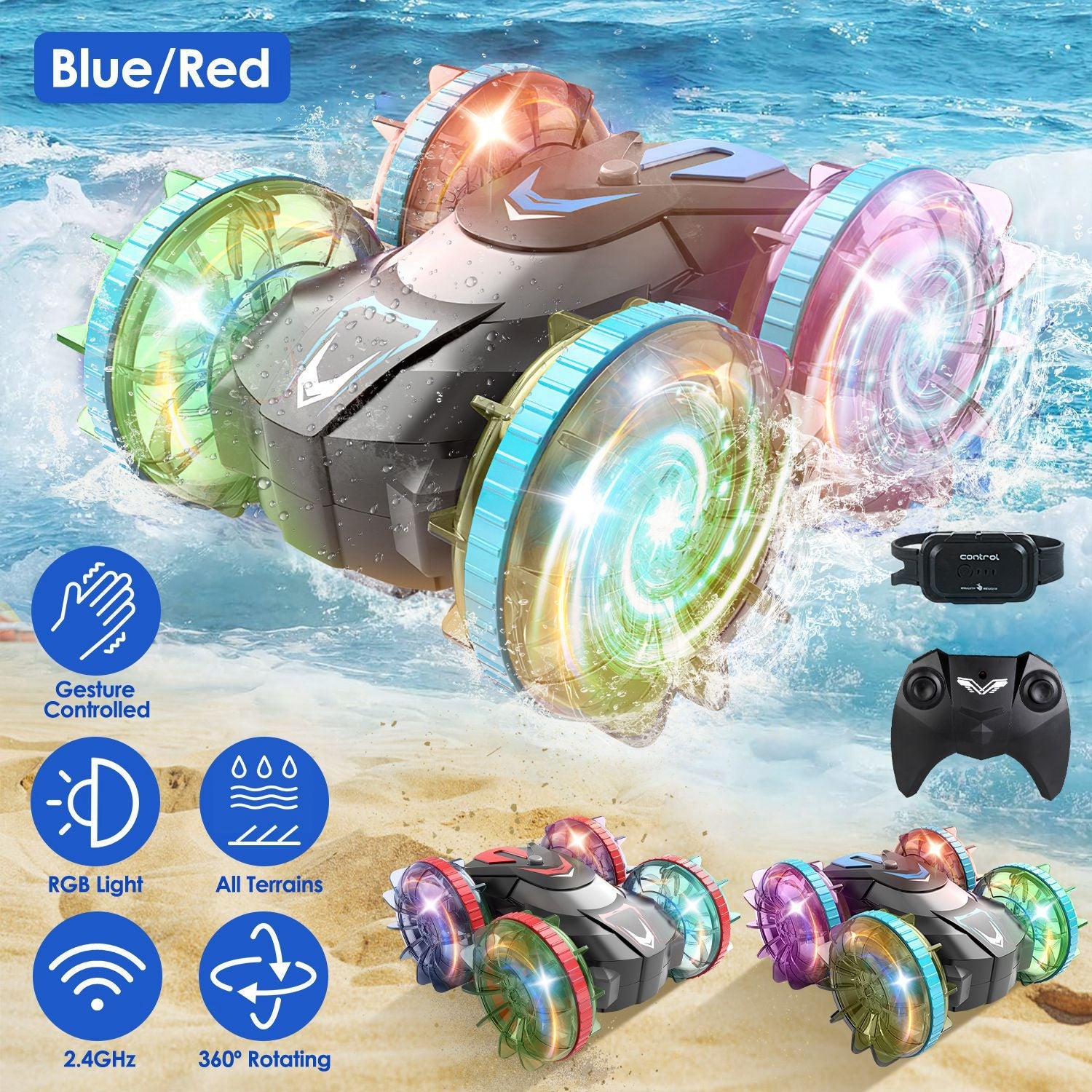 2 In 1 Amphibious RC Car Waterproof Stunt Car with Wrist Controller 4WD 360° Rotating Gesture Car with RGB Lights for Kids Aged 6+ Years Old Double-si - Korvel
