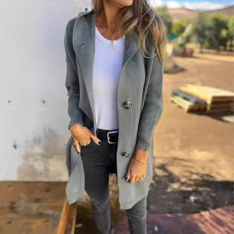 Mid-Length Light Gray Sweater Cardigan for Women