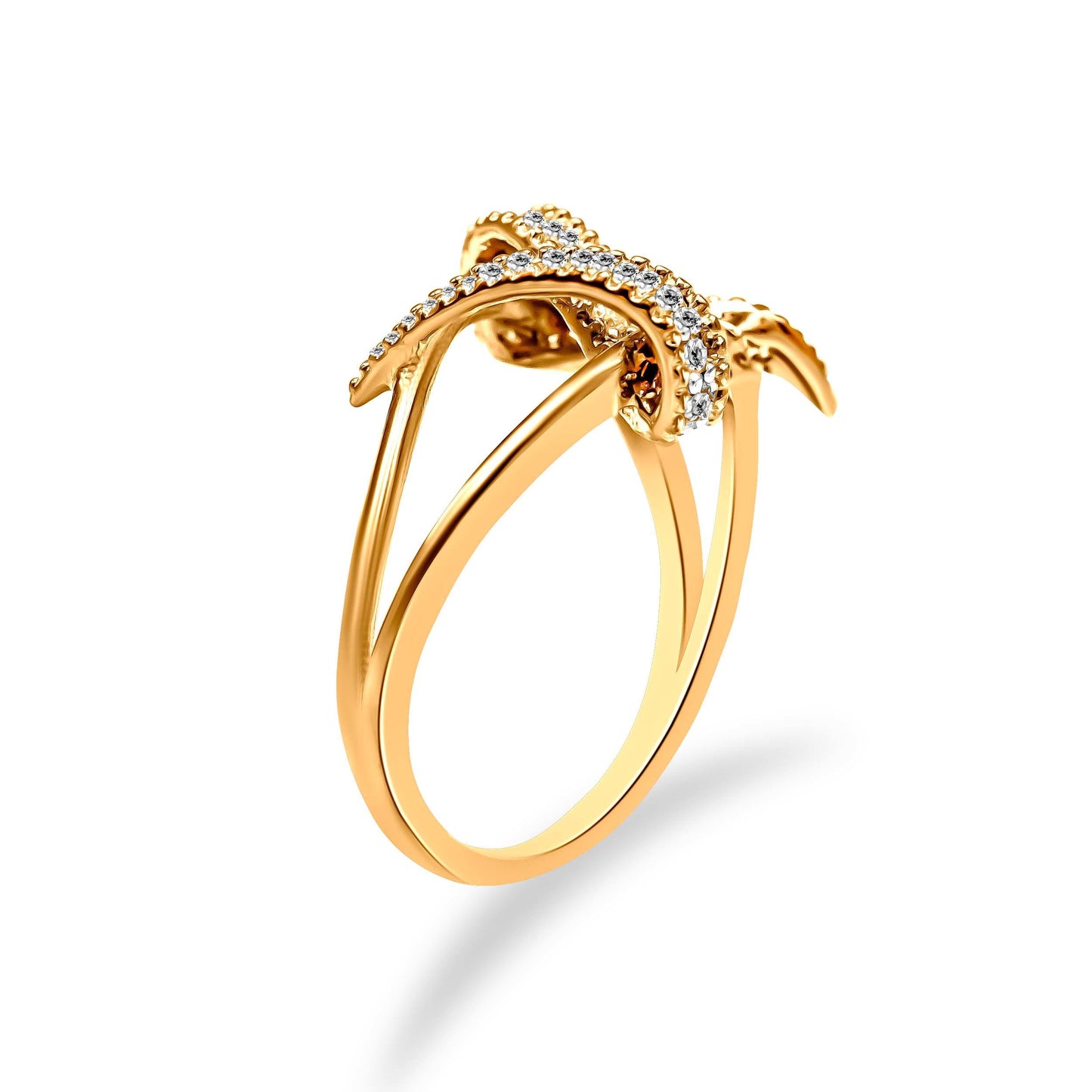 Anillo de Bypass Interlocking de Plata de Ley Baño de Oro de 14K con Diamantes - Talla 7