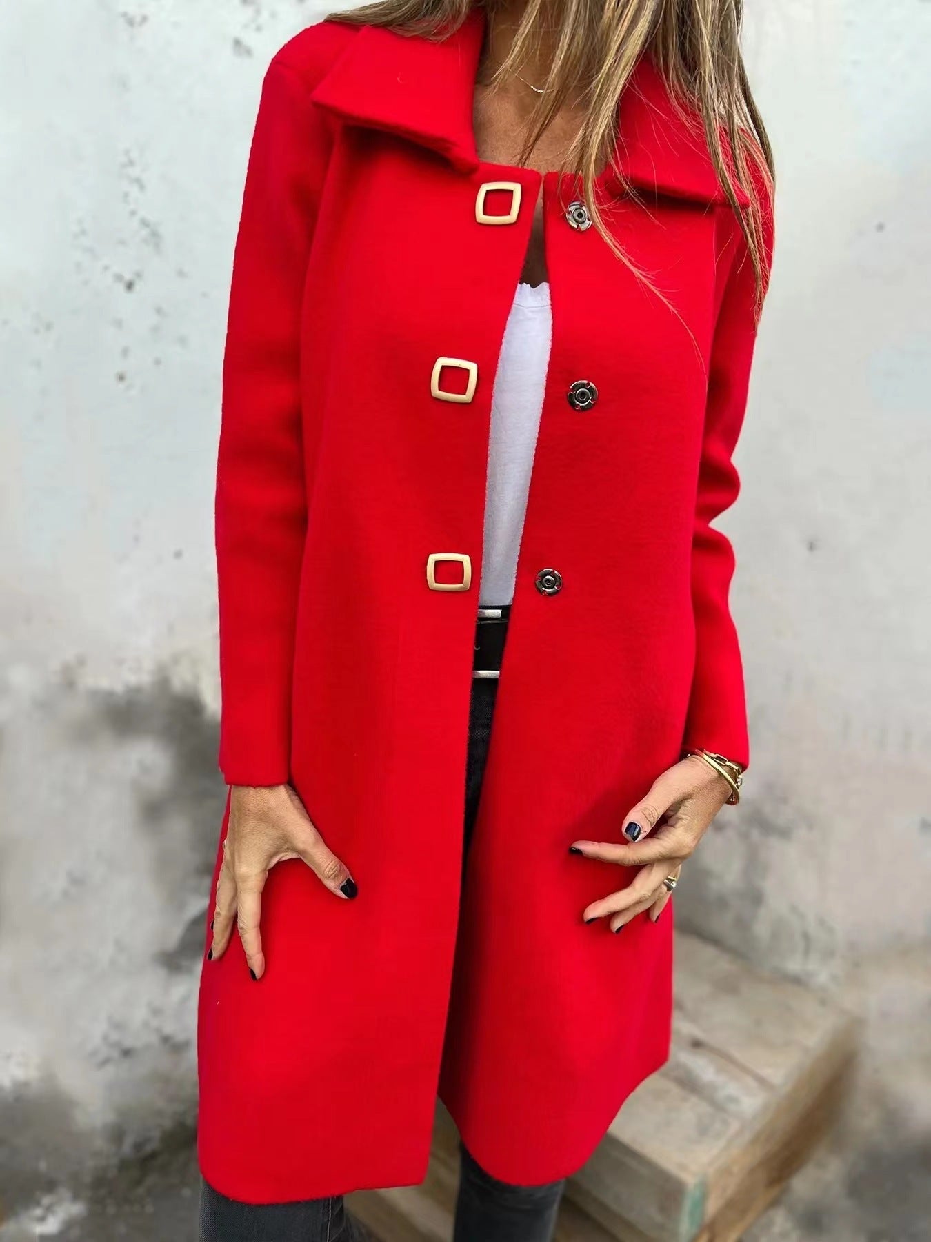 Abrigo de lana elegante para mujer de longitud media con diseño de botonadura simple
