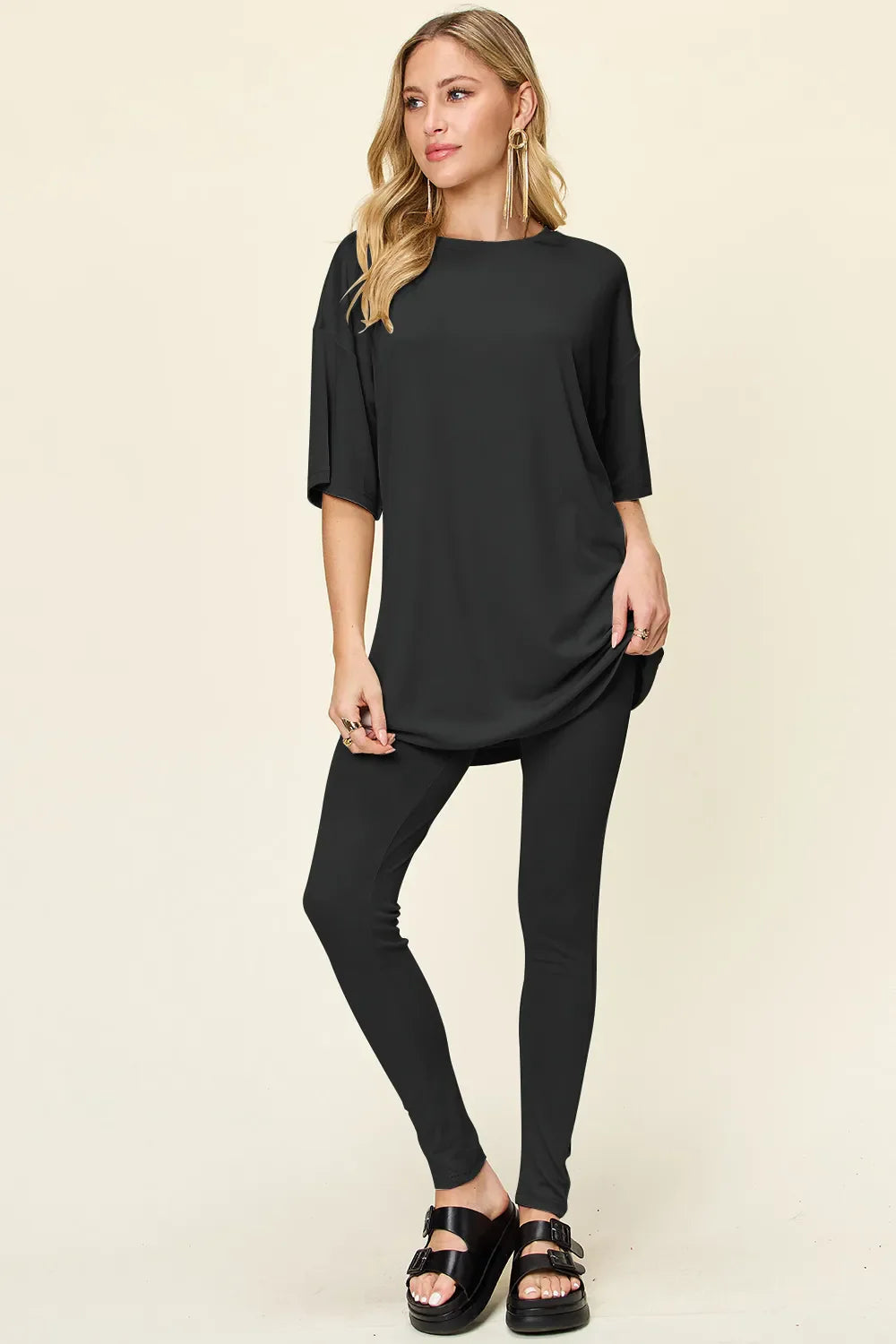 Double Take Full Size Round Neck T-Shirt and Leggings Set