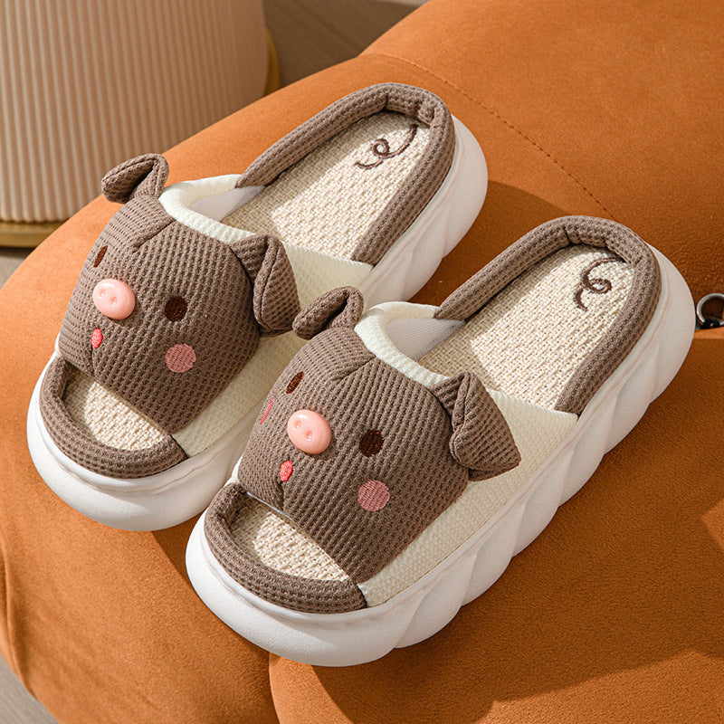 Piggy Cute Couple Open Toe Linen Cotton Linen Slippers - Korvel
