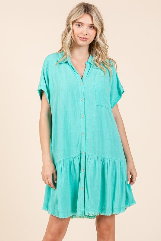 Summer Linen Blend Button Down Mini Dress for Women