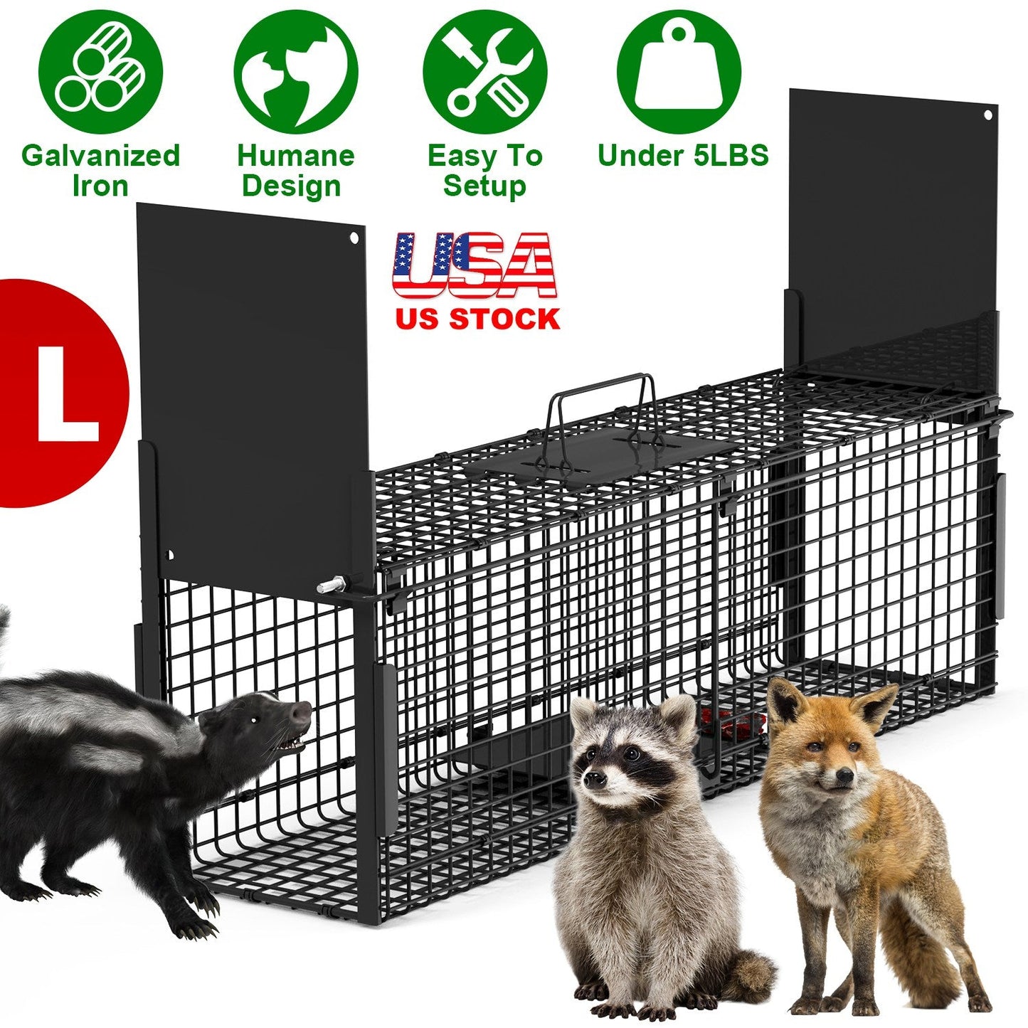 Trampa de Jaula para Animales Vivos de 40 pulgadas con 2 Puertas para Animales de Hasta 18lbs