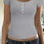 Ribbed Button Detail Round Neck Short Sleeve T-Shirt