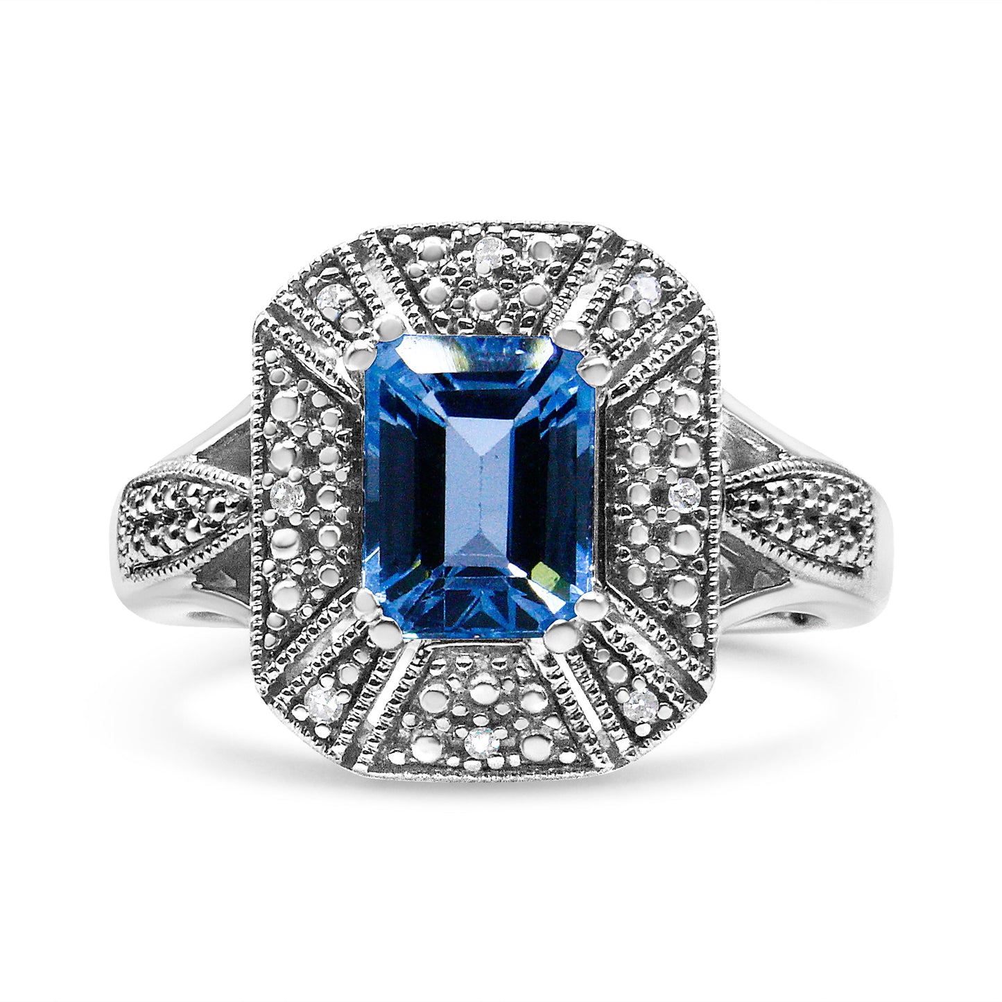 Anillo de Acero Inoxidable de Plata .925 con Topacio Azul y Acentos de Diamante - Talla 7