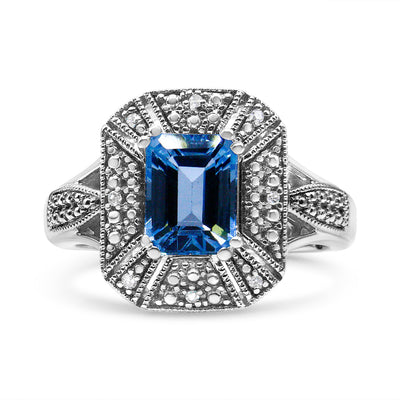 Bague en argent sterling .925 avec topaze bleue et accents en diamant - Taille 7