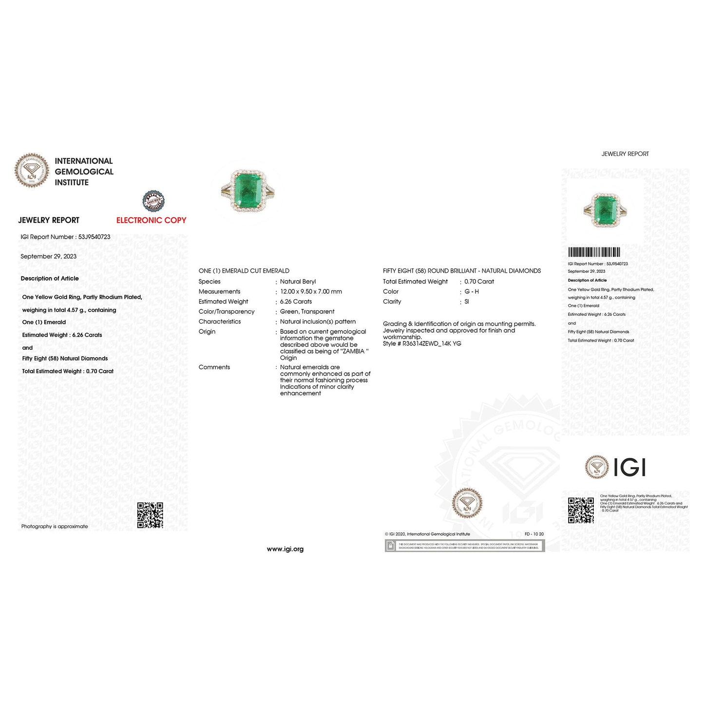 Bague en Or 14K avec Émeraude Zambienne et Diamants Certifiés IGI de 6,96 Carats