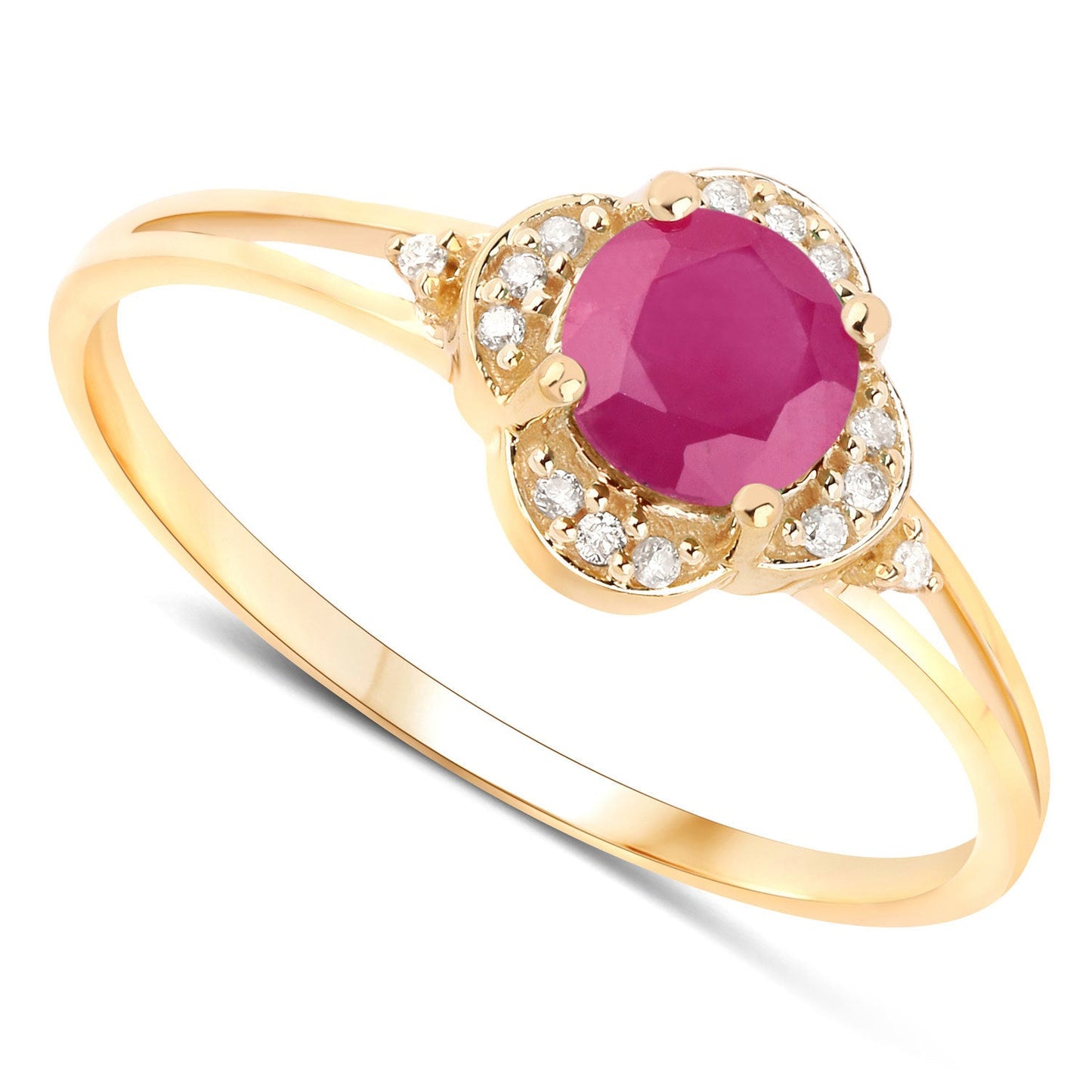 Anillo de Compromiso de Rubí y Diamante de 0.59 Quilates en Oro Amarillo de 14K