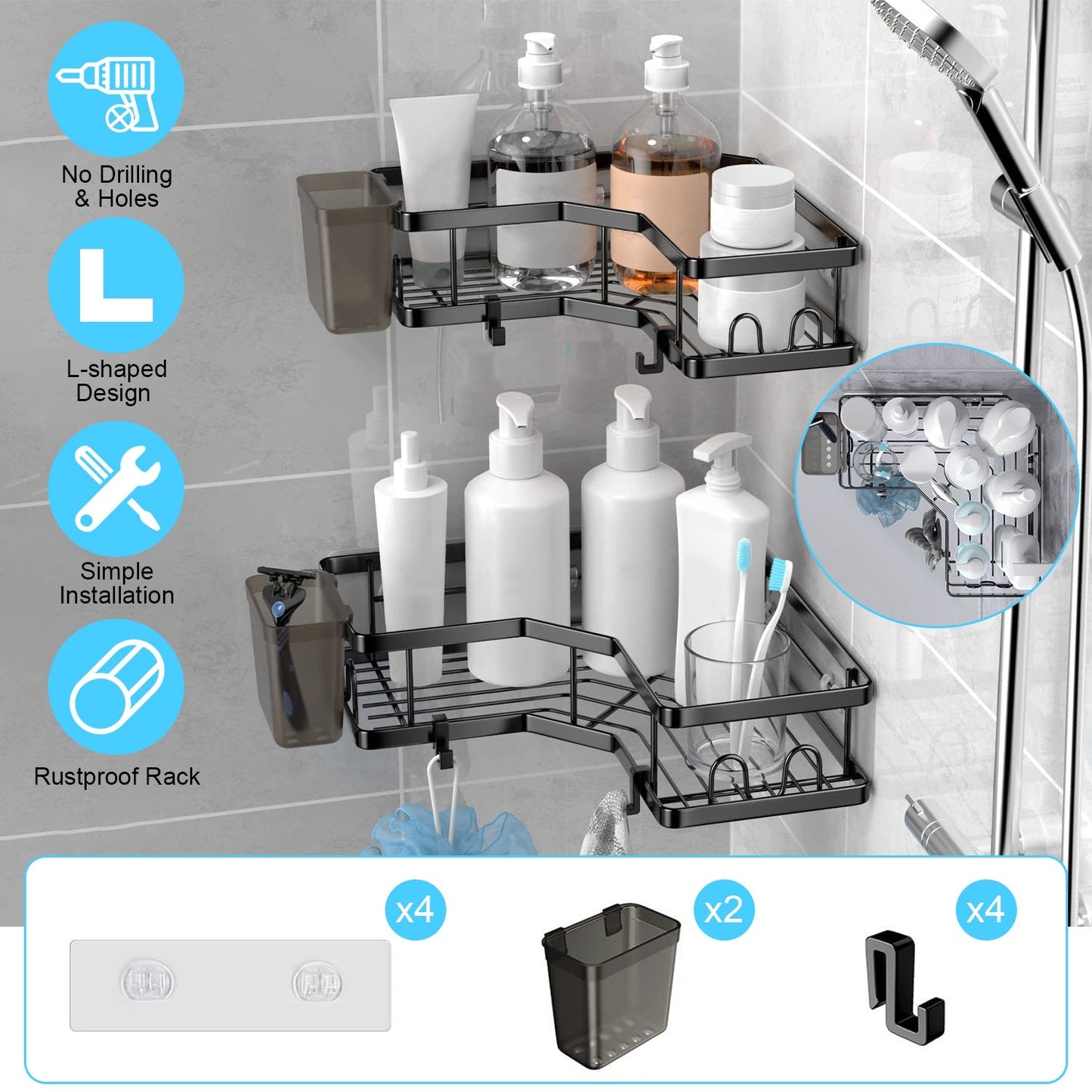 2-Piece Corner Shower Caddy Set - Anti-Rust Organizer
