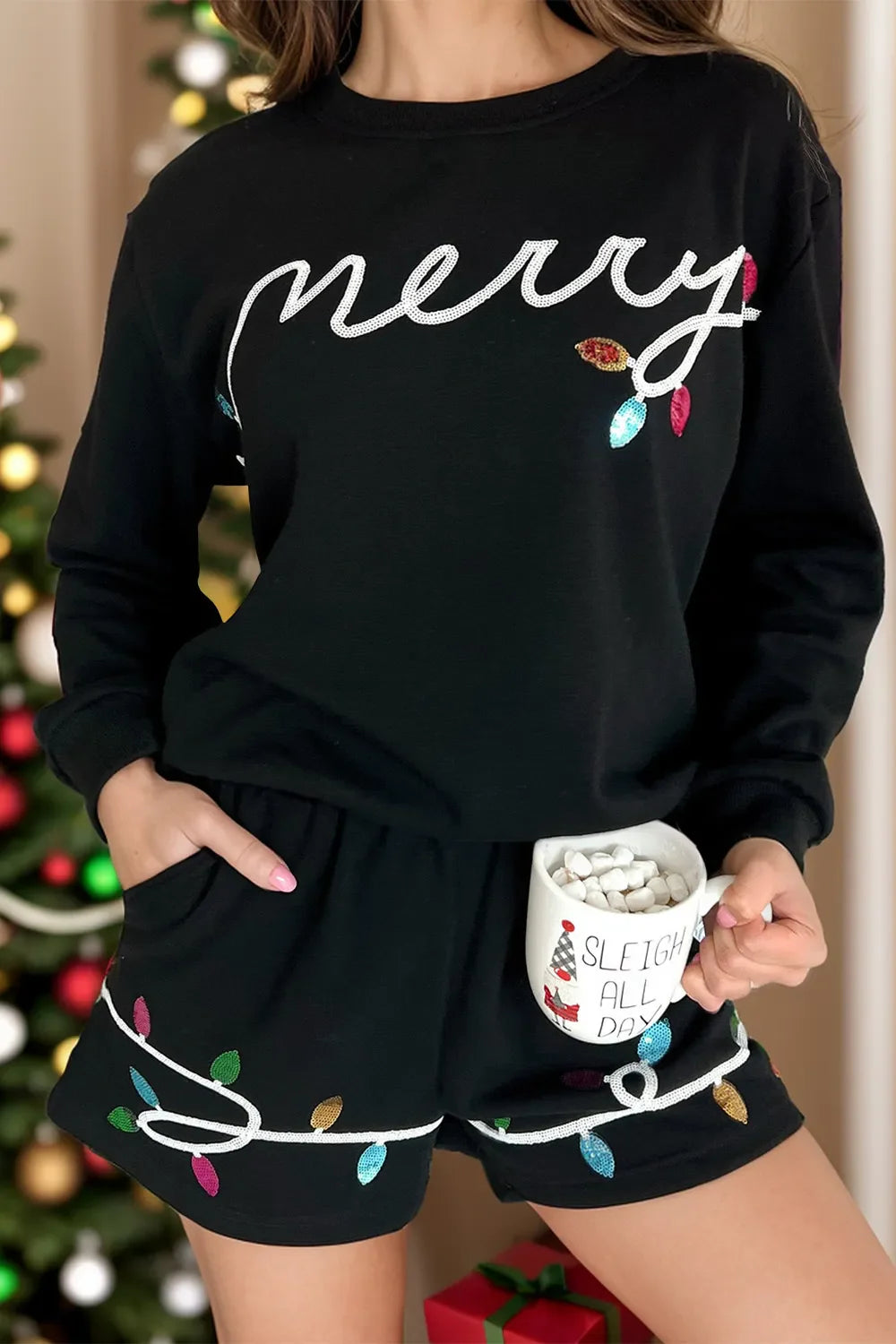 Conjunto de Top de Manga Larga con Cuello Redondo y Pantalones Cortos MERRY con Lentejuelas