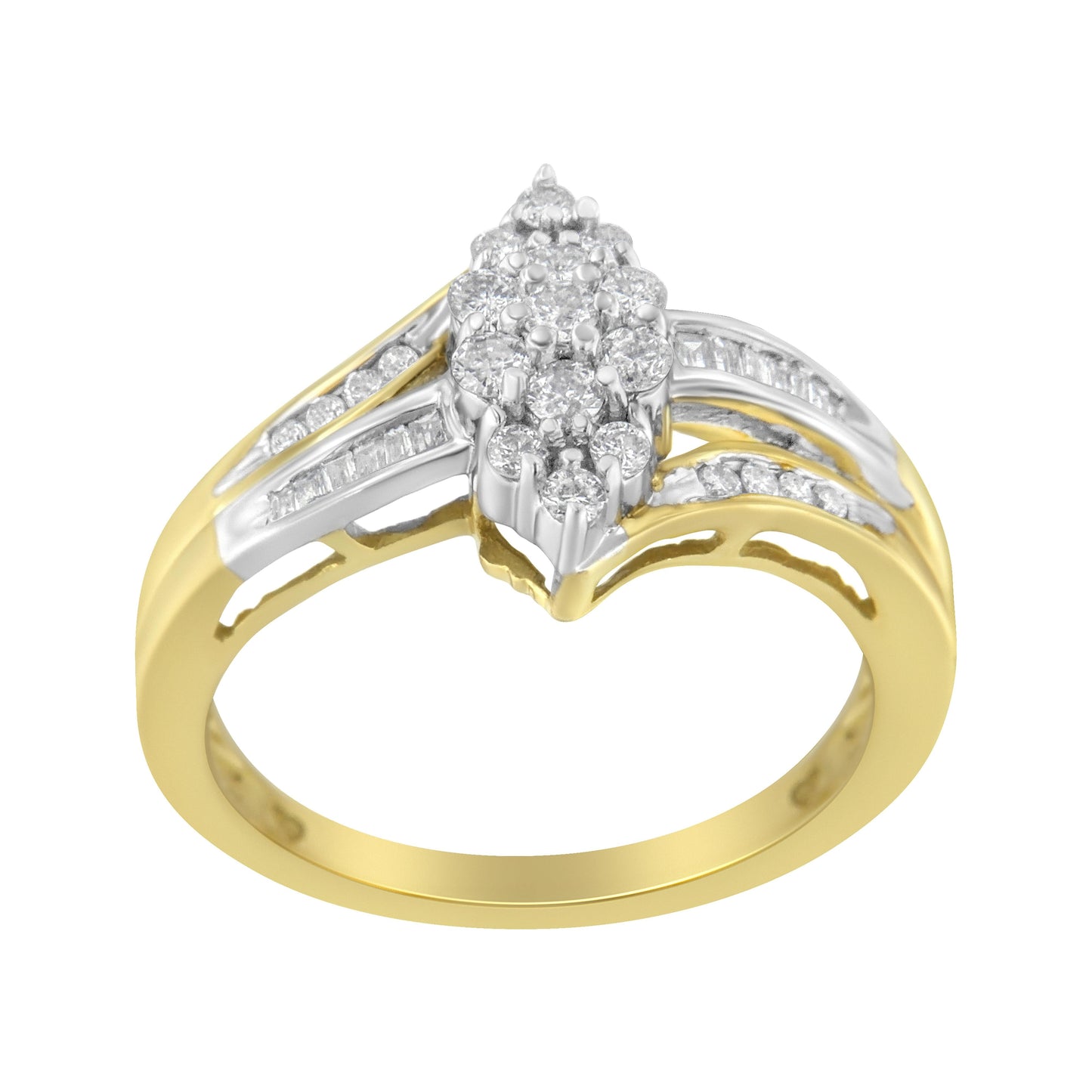 Anillo de Clúster de Diamantes en Forma de Marquesa de Oro Amarillo y Blanco de 10K - Talla 7