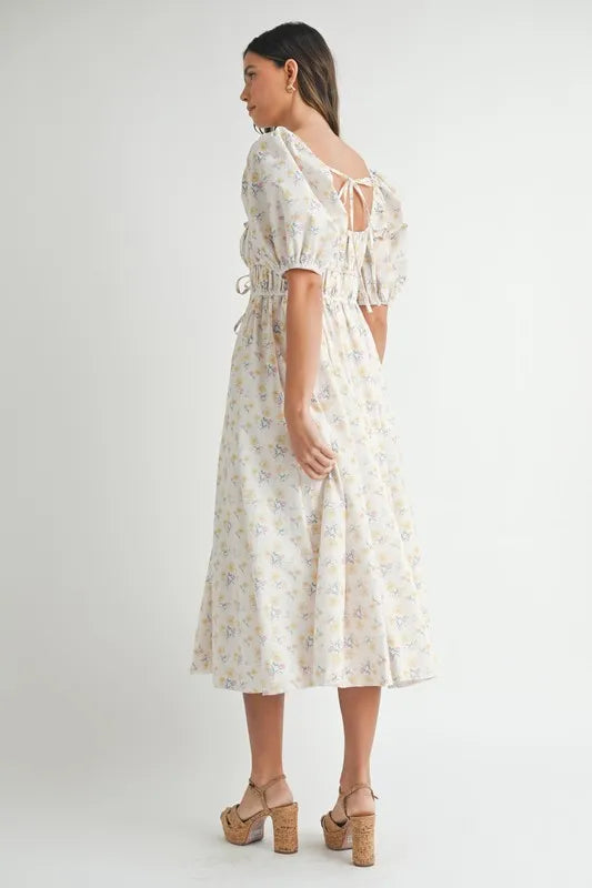 Floral Drawstring Detail Puff Sleeve Midi Dress