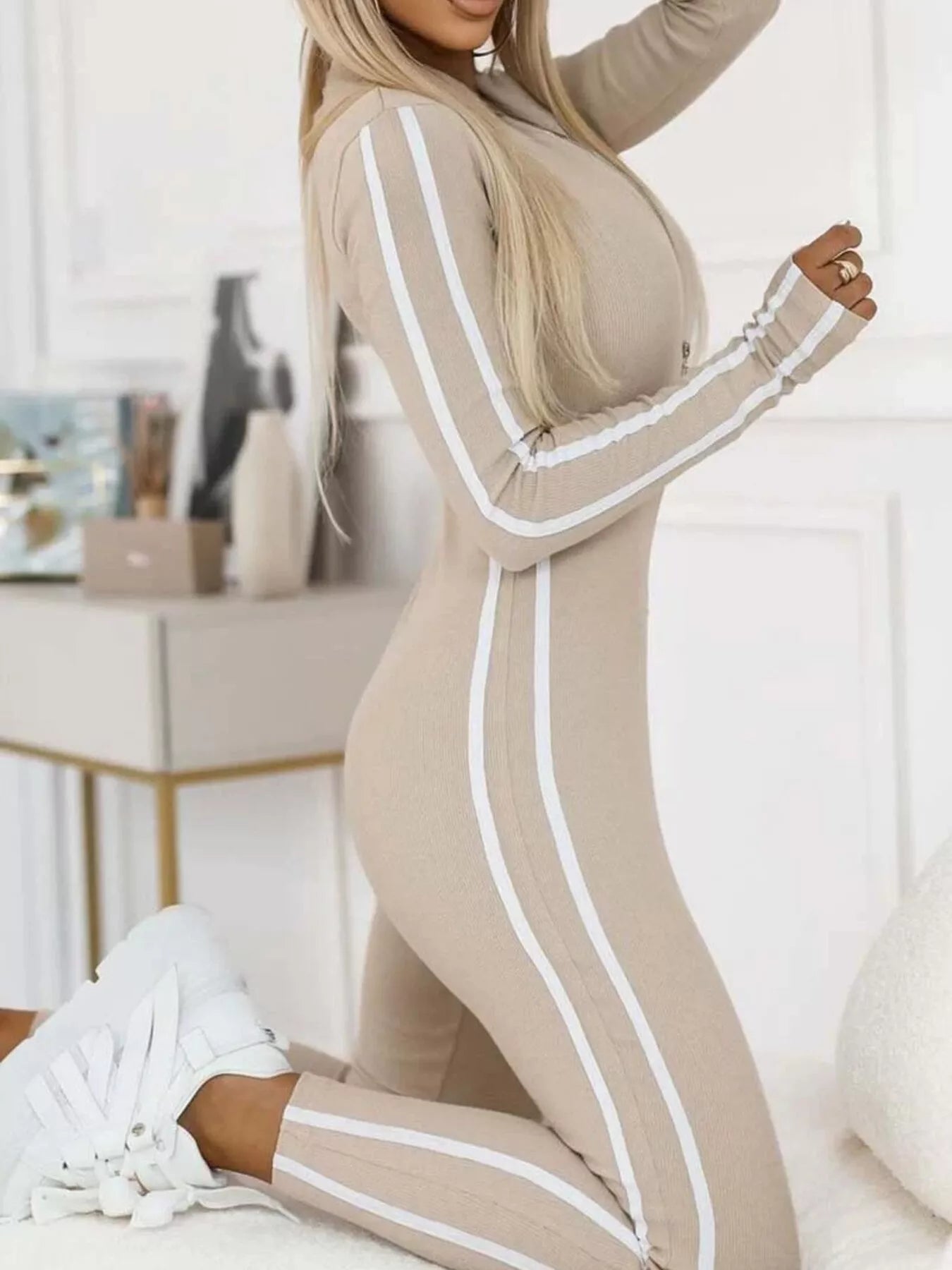 Plus Size Stripe Zip-Front Long Sleeve Jumpsuit