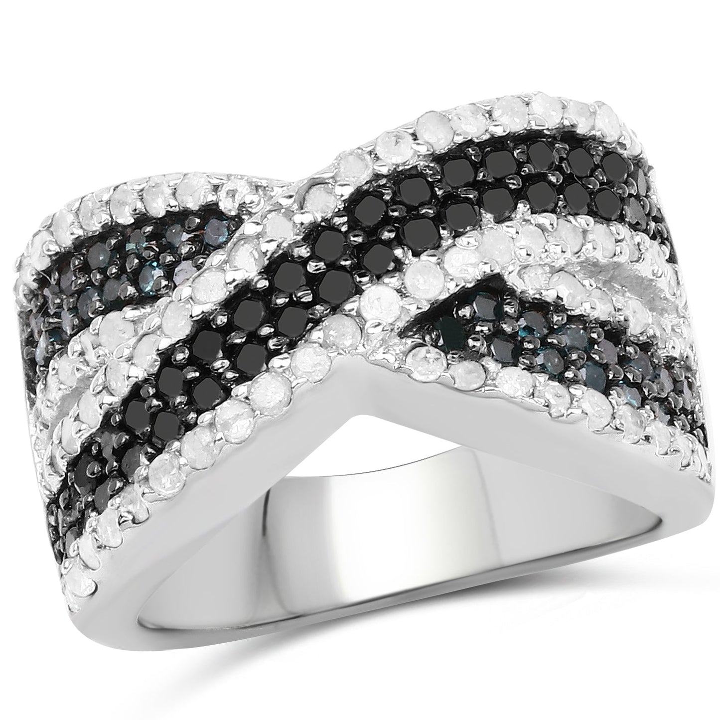 1.57 Carat Genuine Blue, White & Black Diamond Sterling Silver Ring