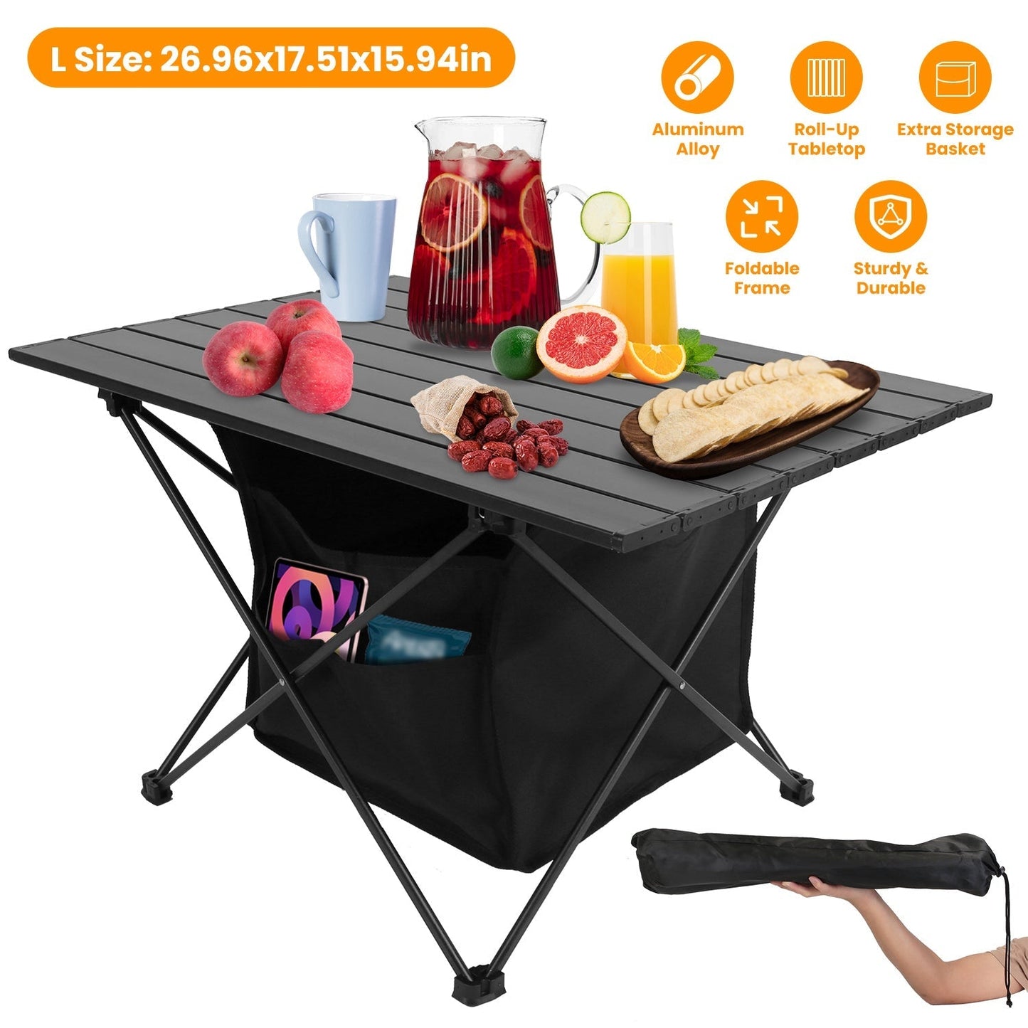Foldable Camping Table with Storage Basket - Portable Aluminum Alloy