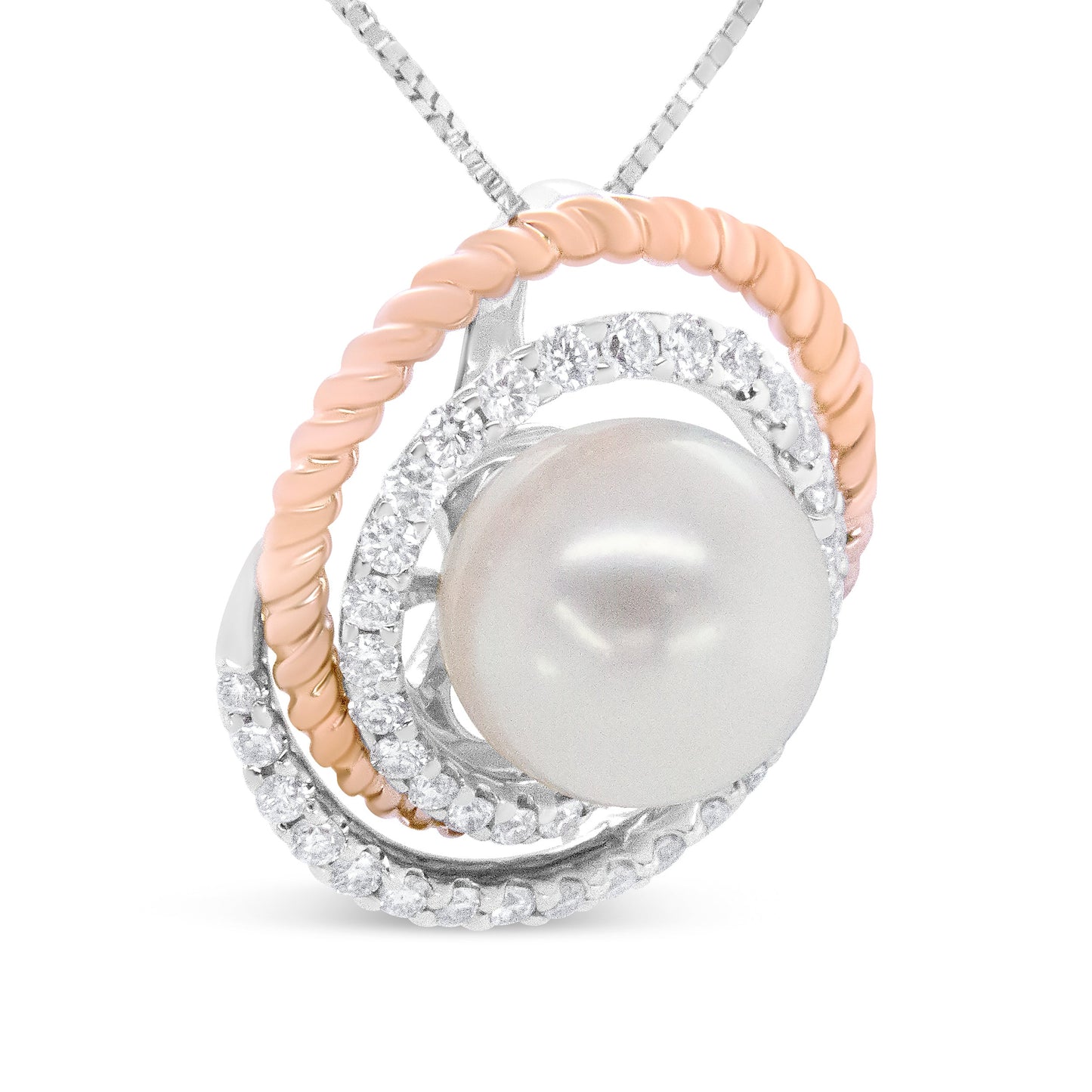 14K Rose and White Gold Pave Diamond & Pearl Pendant Necklace