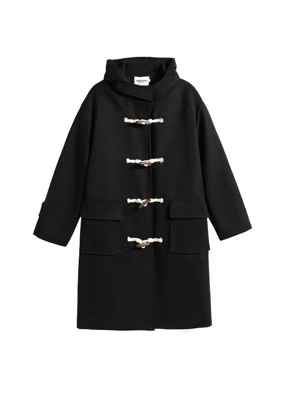 Abrigo Elegante Largo Negro de Lana con Toggle para Mujeres