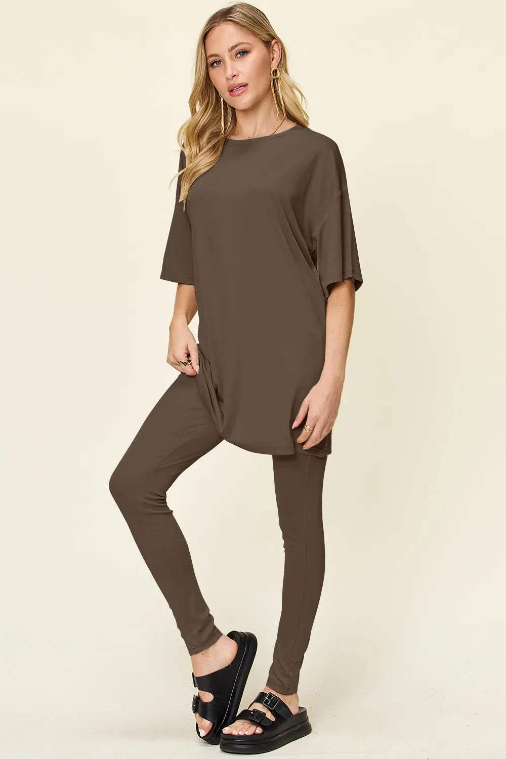 Double Take Full Size Round Neck T-Shirt and Leggings Set