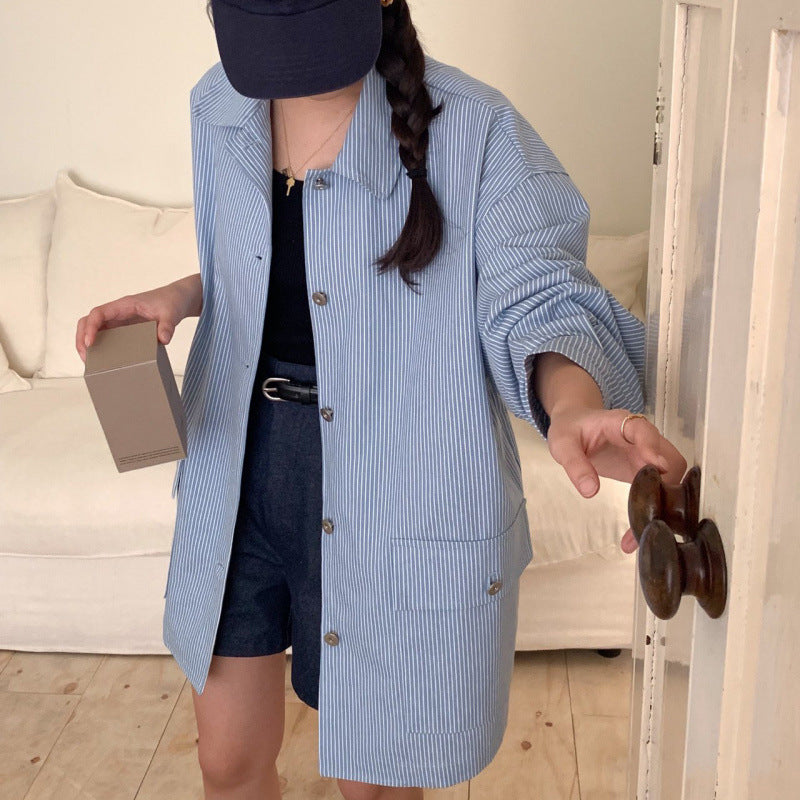 Commuter-Style Relaxed-Fit Striped Long-Sleeve Shirt Jacket