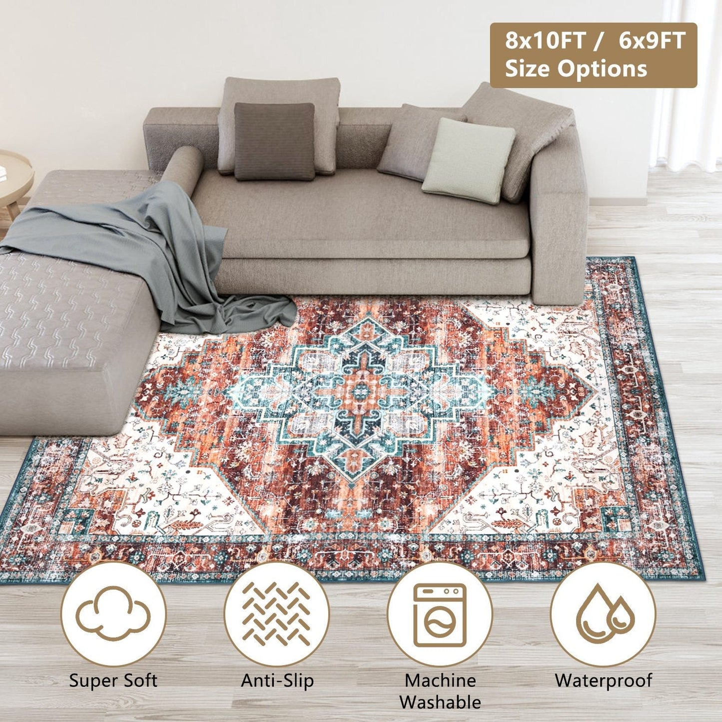 6x9FT Vintage Area Rug - Modern Non-Slip Boho Carpet