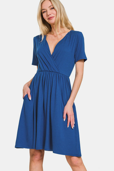 Surplice Short Sleeve Brushed DTY Dress - Elegant Comfort