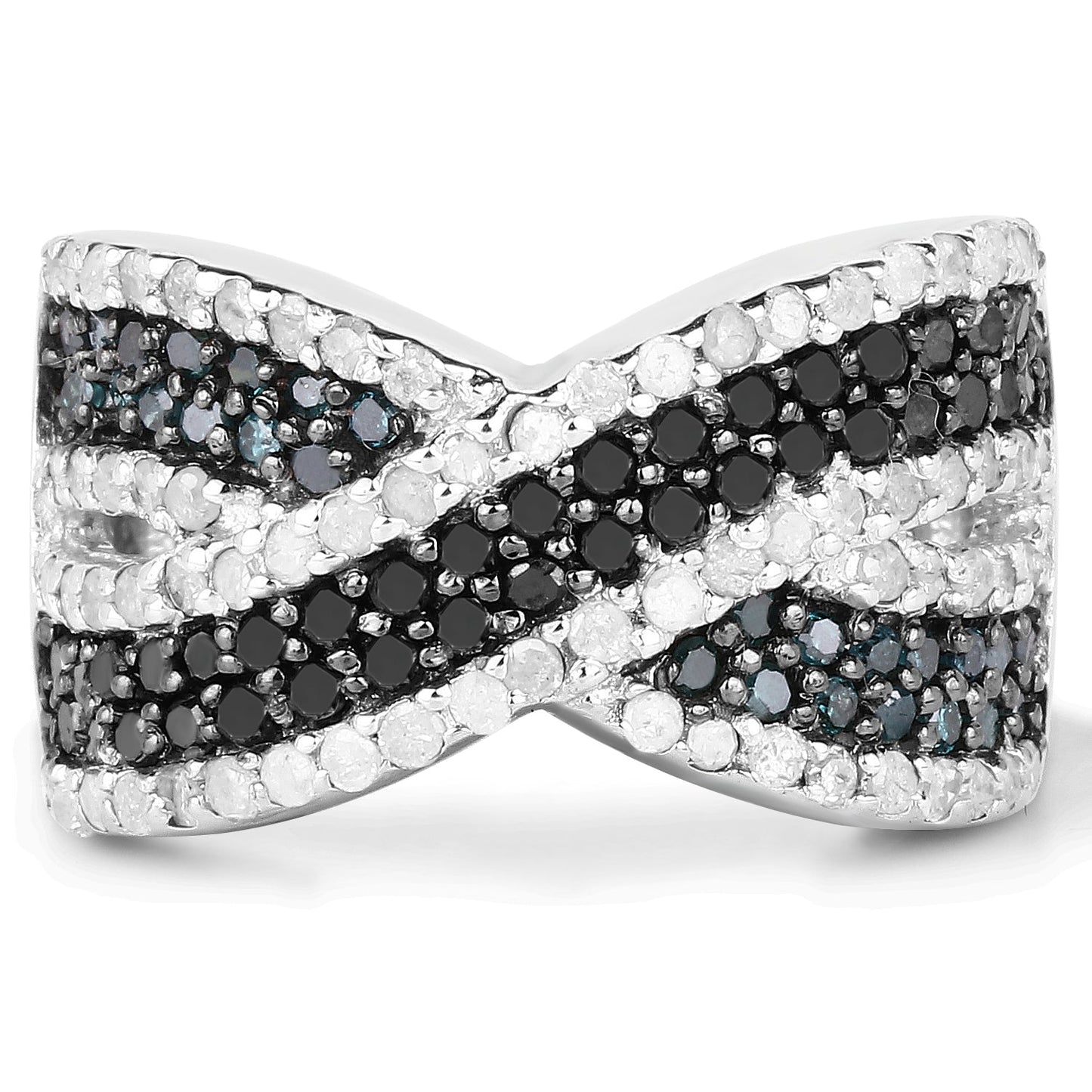 1.57 Carat Genuine Blue, White & Black Diamond Sterling Silver Ring