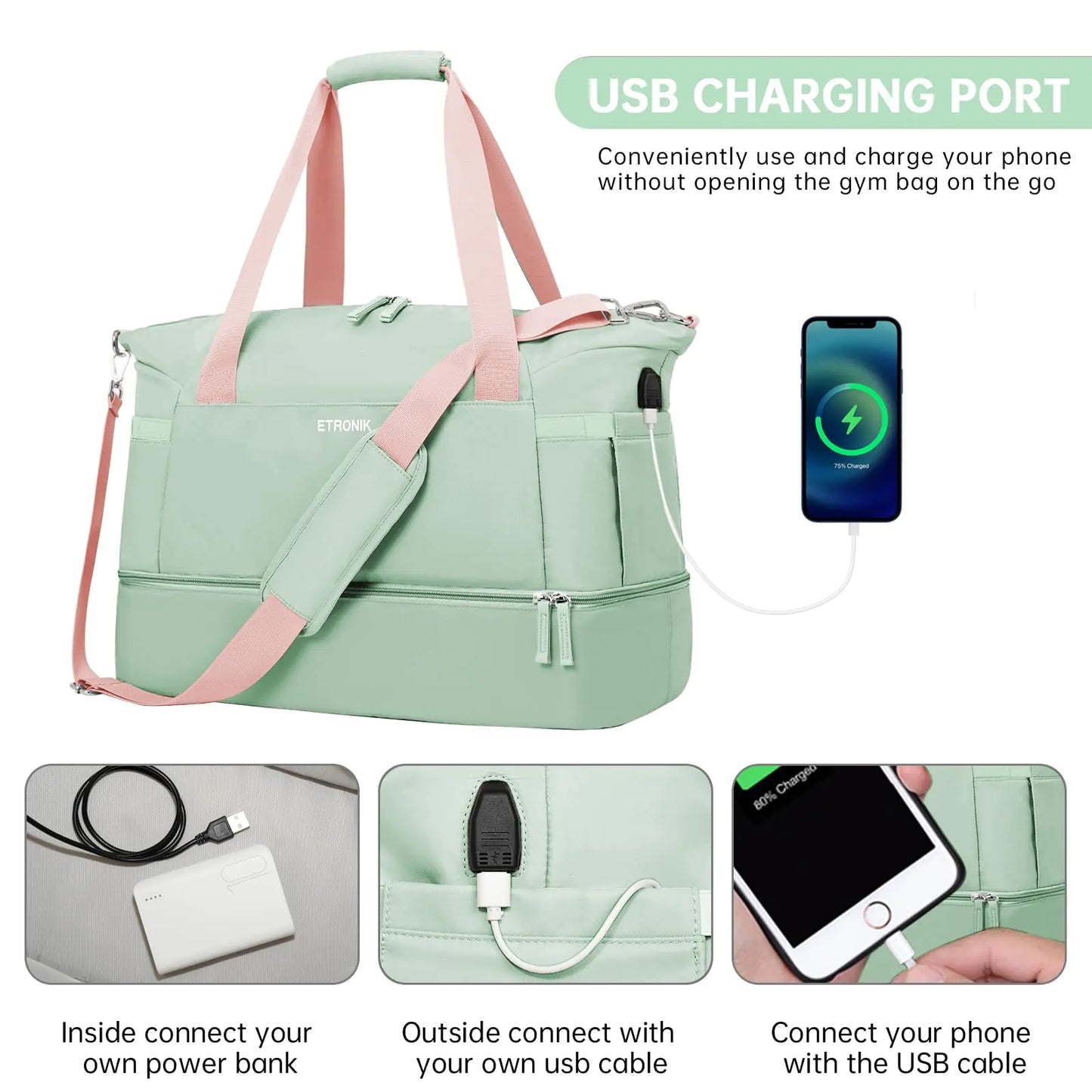 Bolsa de gimnasio ETRONIK para mujer con puerto USB y bolsillo húmedo