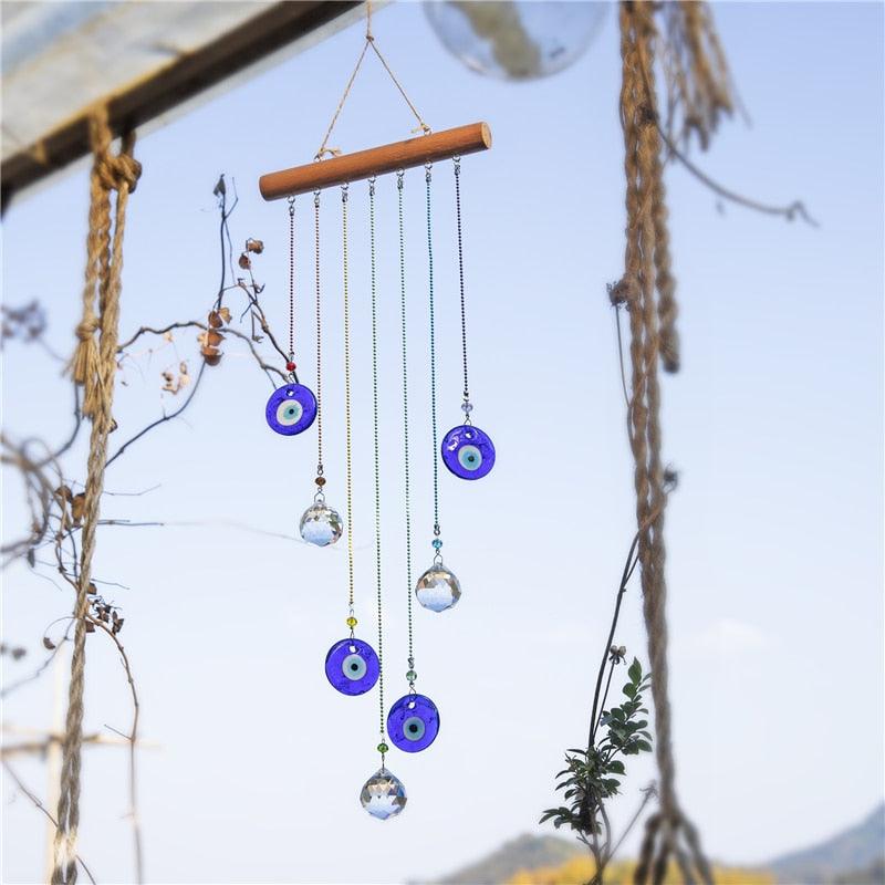 Chakra Energy Clear Crystal Ball Sun-catcher Turkish Window Prisms Blue Evil Eye Light Catching Wind Chimes For Office Decor Home Garden Hanging Decoration Showpiece Lucky Gift - Korvel