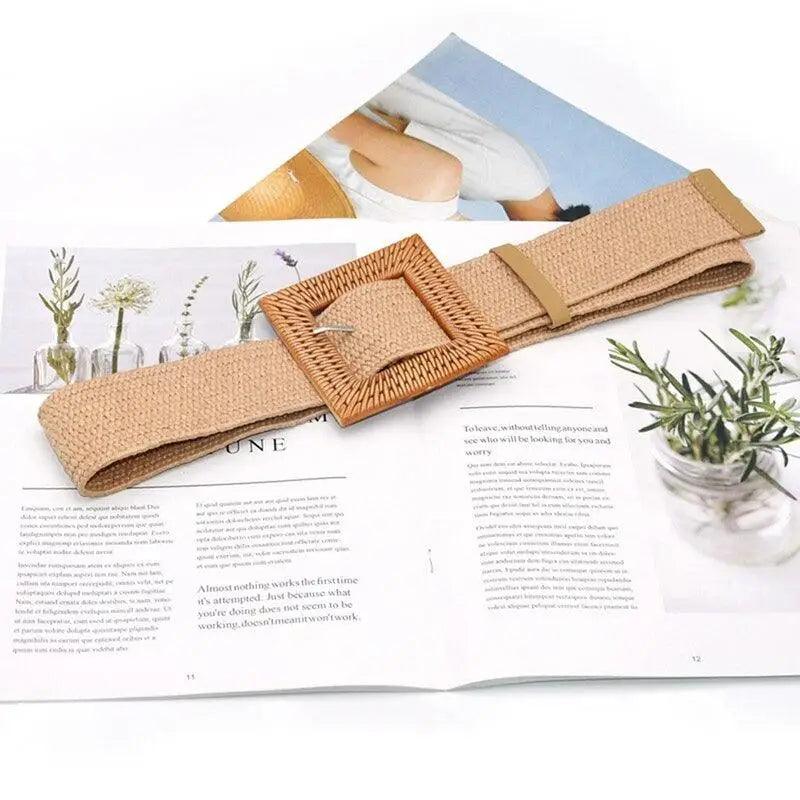 Cinturón de Cintura Encantador para Mujeres con Hebilla Redonda de Madera Clásica