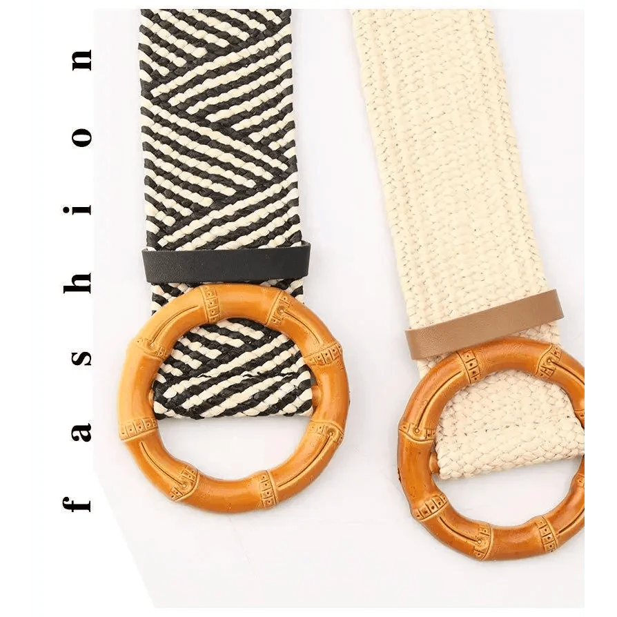 Cinturón de Cintura Encantador para Mujeres con Hebilla Redonda de Madera Clásica