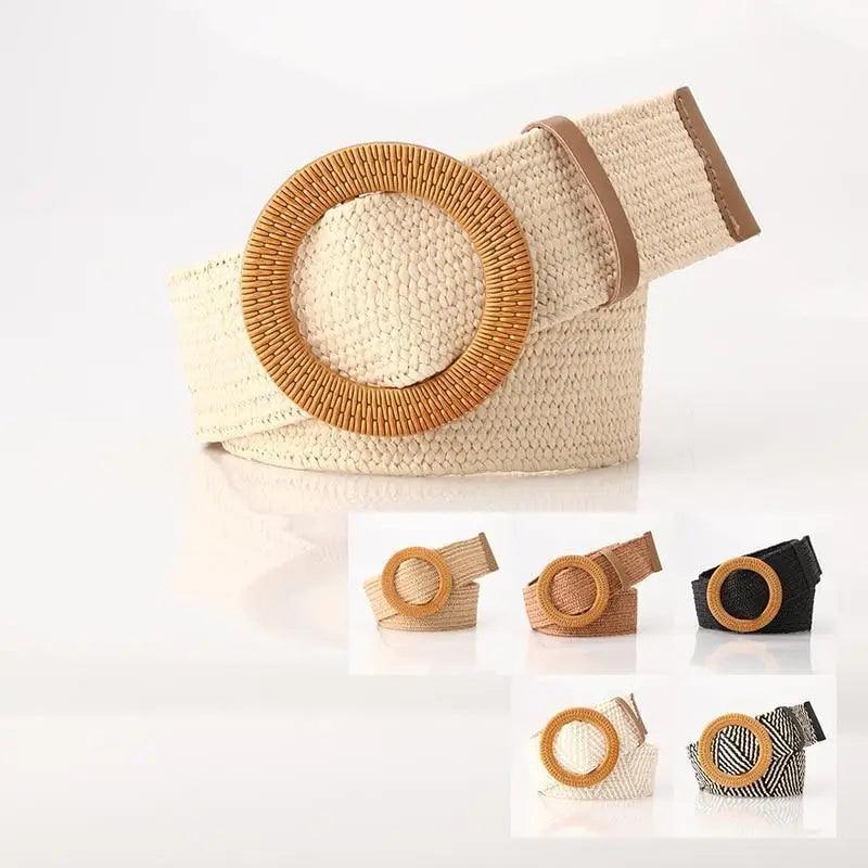 Cinturón de Cintura Encantador para Mujeres con Hebilla Redonda de Madera Clásica