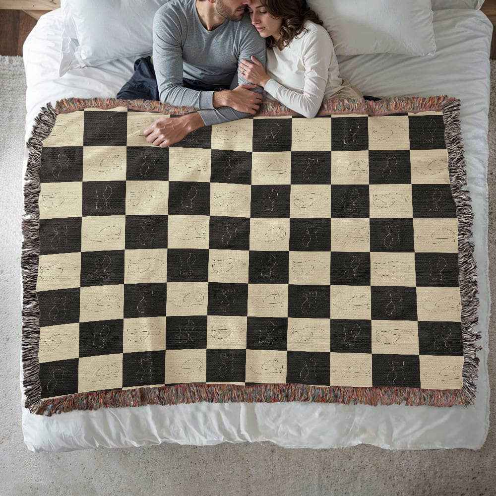 Checked Feline Woven Blanket – Gold & Black Cat Outline Throw