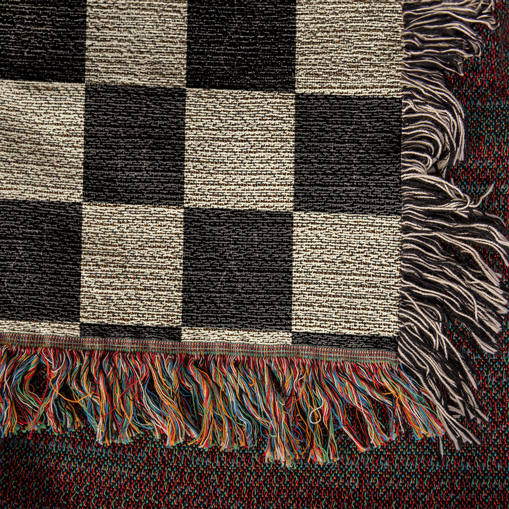 Checked Feline Woven Blanket – Gold & Black Cat Outline Throw