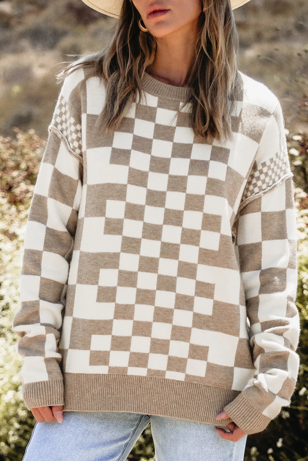 Checkered Round Neck Long Sleeve Sweater - Korvel