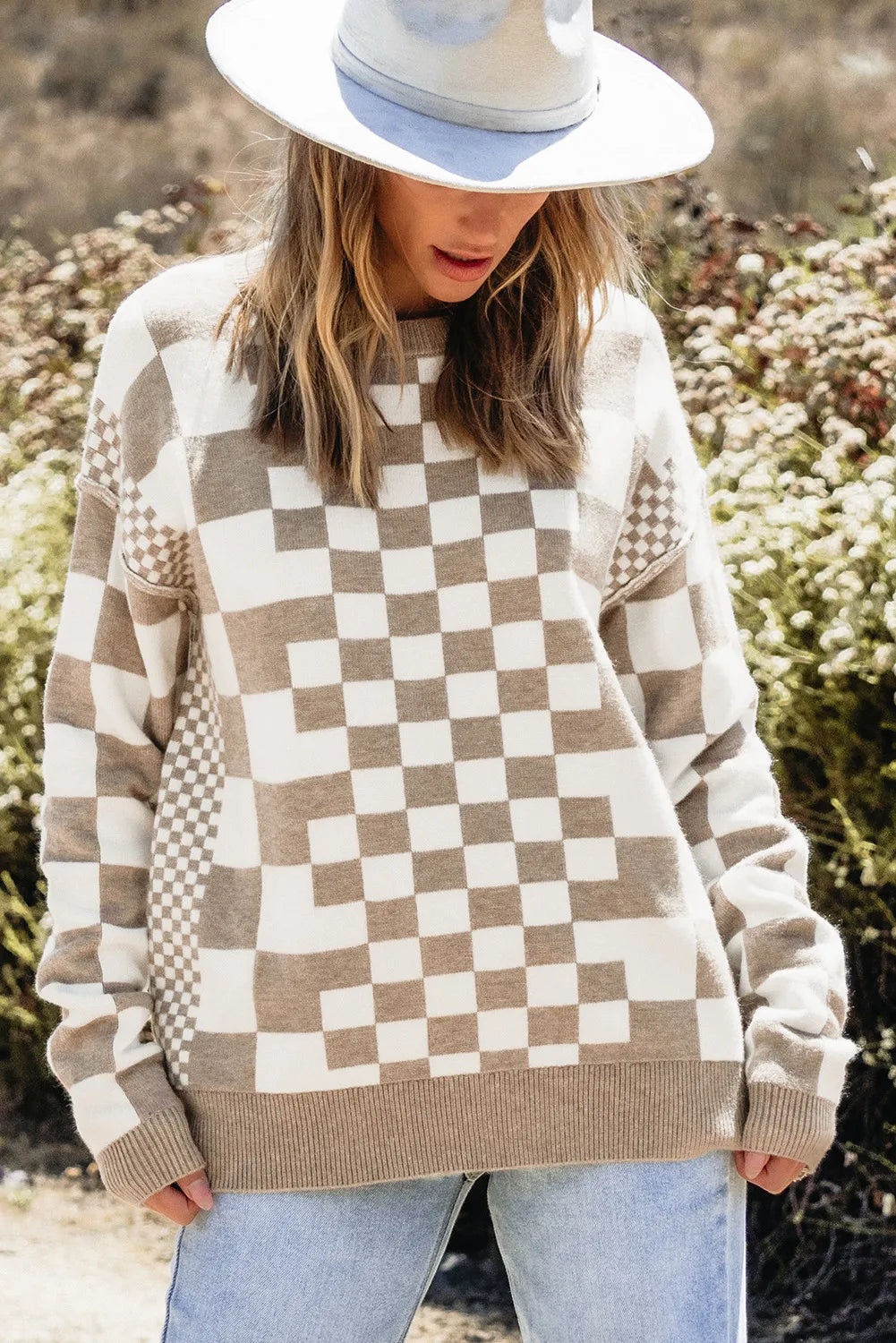 Checkered Round Neck Long Sleeve Sweater - Korvel